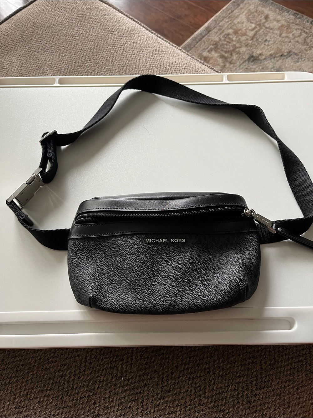 Michael Kors Black Pebbled Leather Belt Bag with Silver Hardware